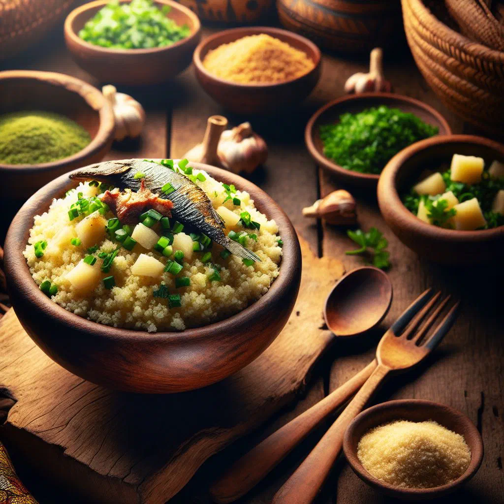 Bowl of attiéké topped with diced tomatoes, onions and peppers