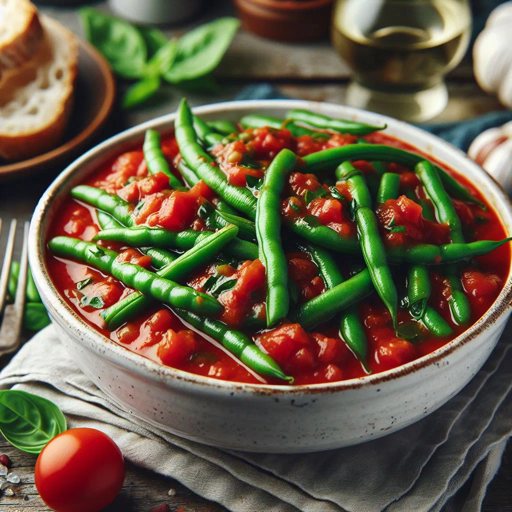 Green beans simmered in a rich tomato sauce, garnished with fresh parsley