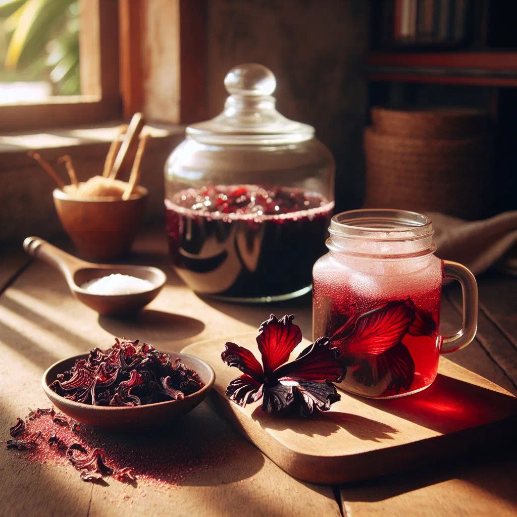 A tall glass of deep red bissap hibiscus drink served over ice with mint