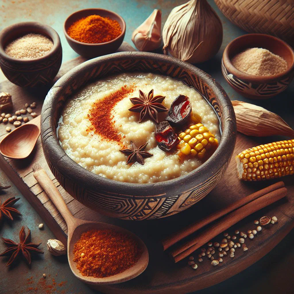Bowl of creamy Malian millet porridge topped with fresh fruit and nuts