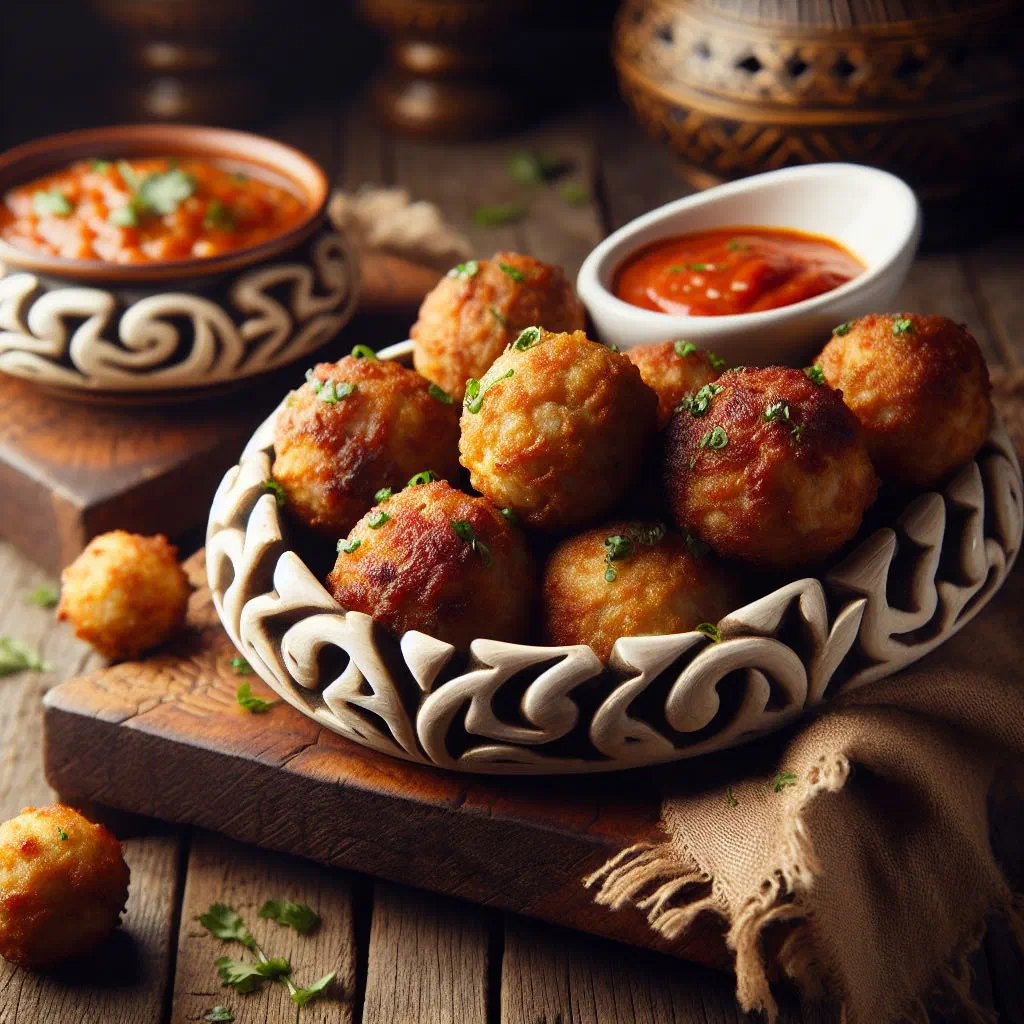 Golden fried Malian fish balls on a plate with lemon wedges and fresh herbs
