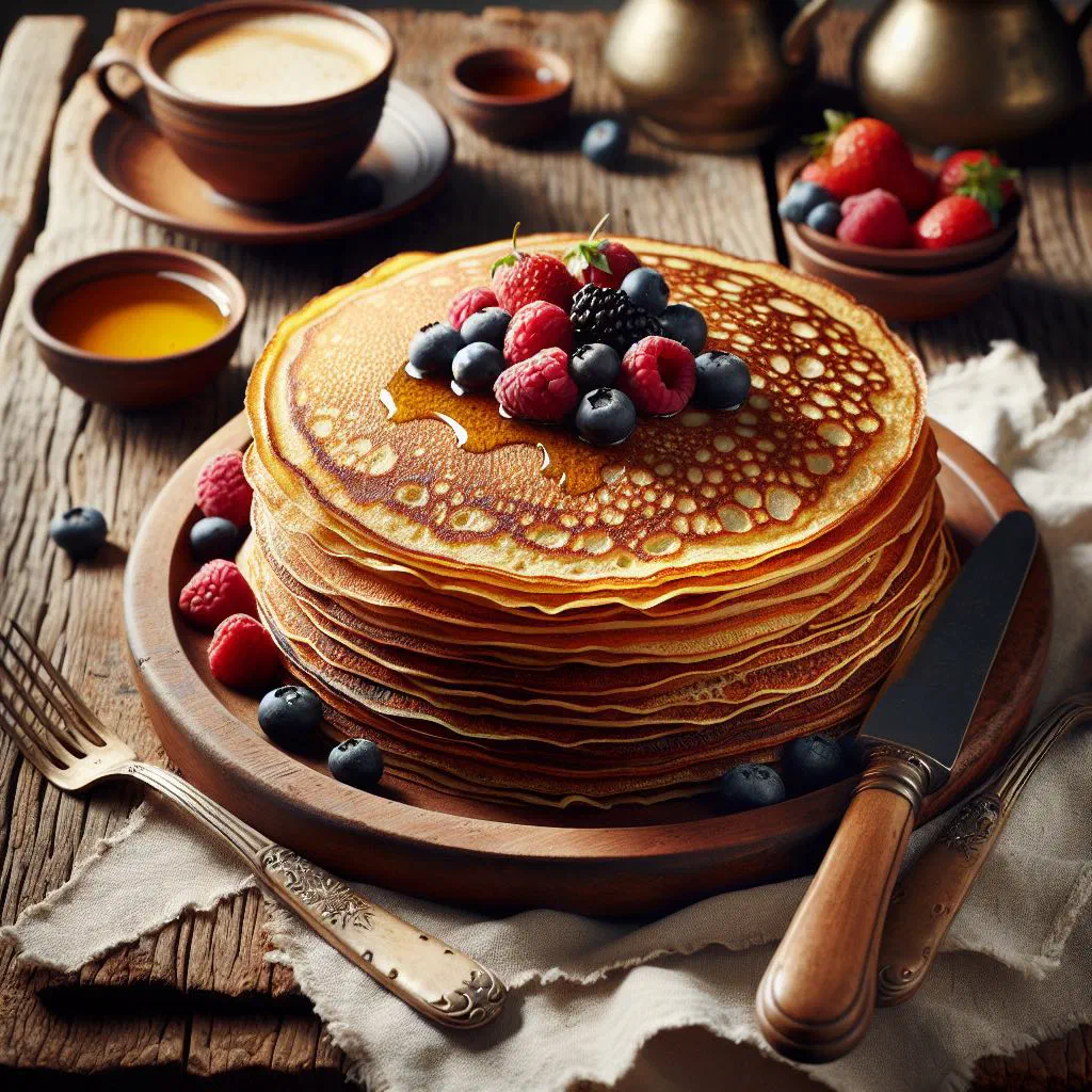 Stack of golden millet crêpes on a plate with fresh fruit