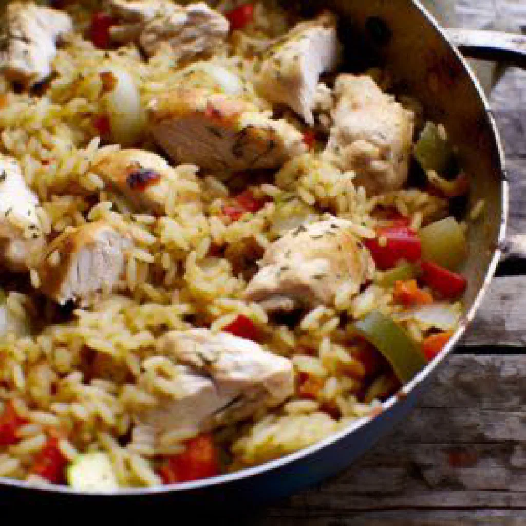 Steamed Malian dakhin rice with chicken, peppers and fresh herbs