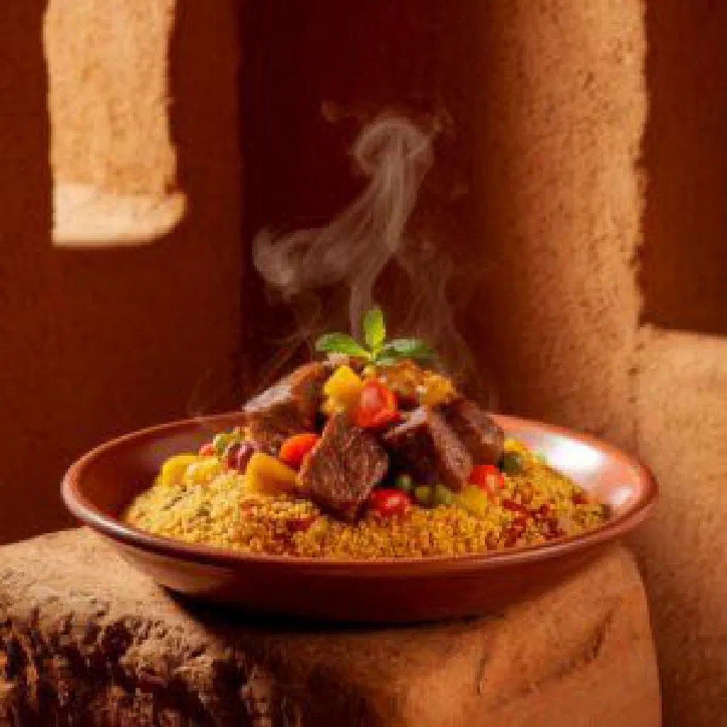 Bowl of Djouka with tender meat, tomatoes and leafy greens