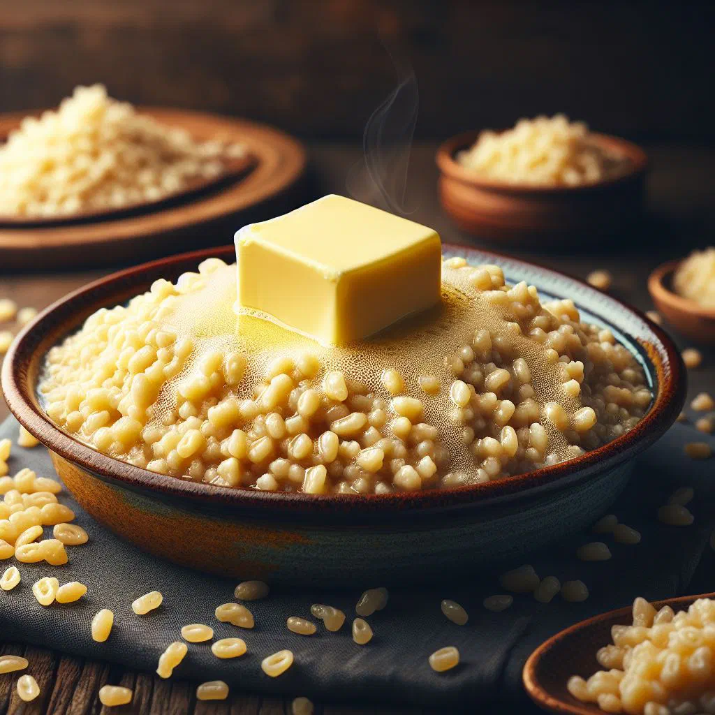 A bowl of fluffy buttered fonio garnished with fresh herbs