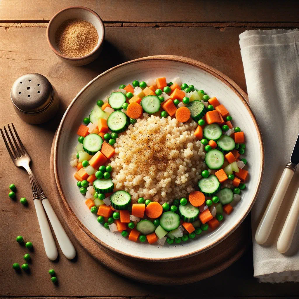 Bowl of fluffy fonio tossed with diced vegetables and fresh herbs