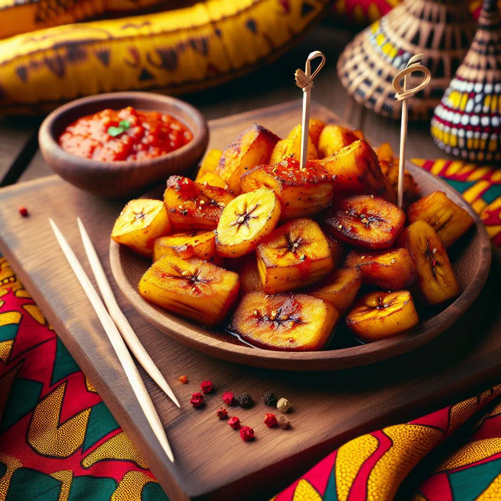 Golden fried spiced plantain pieces served on a plate