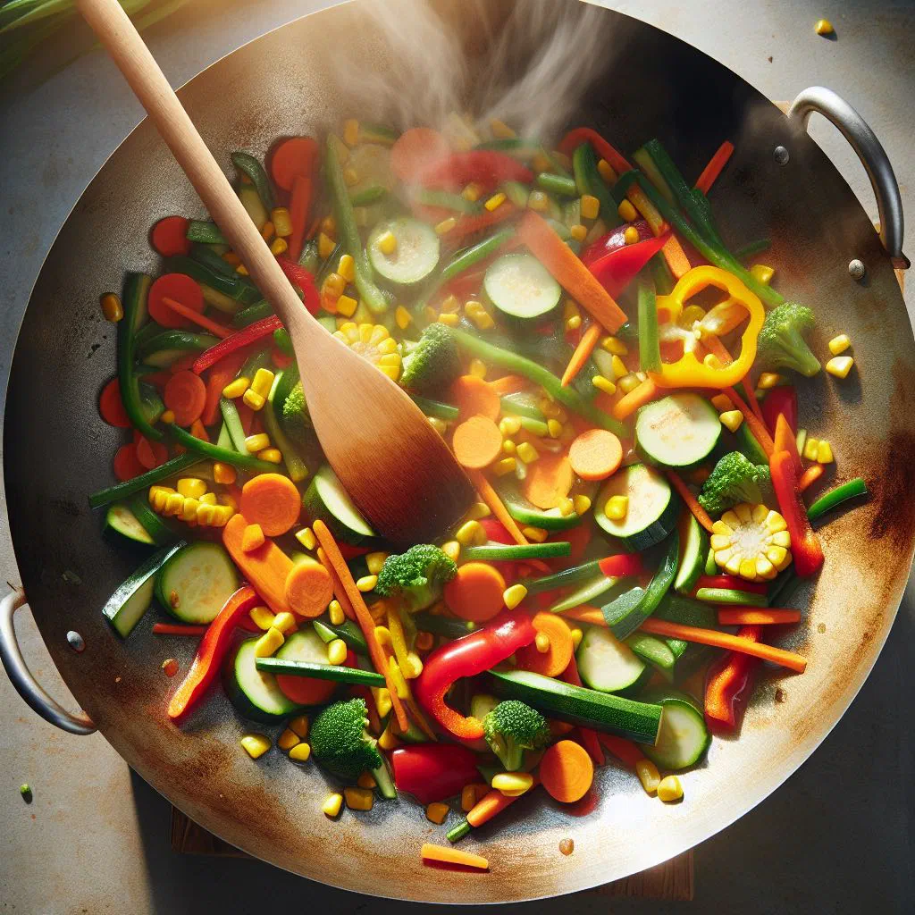 Pan of Malian sautéed vegetables with carrots, courgette and peppers