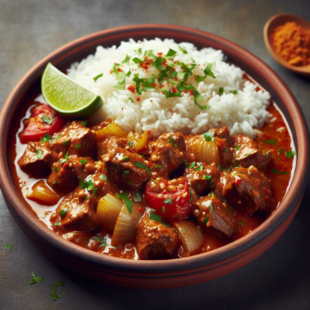 Malian mafé peanut stew with meat and vegetables served over rice