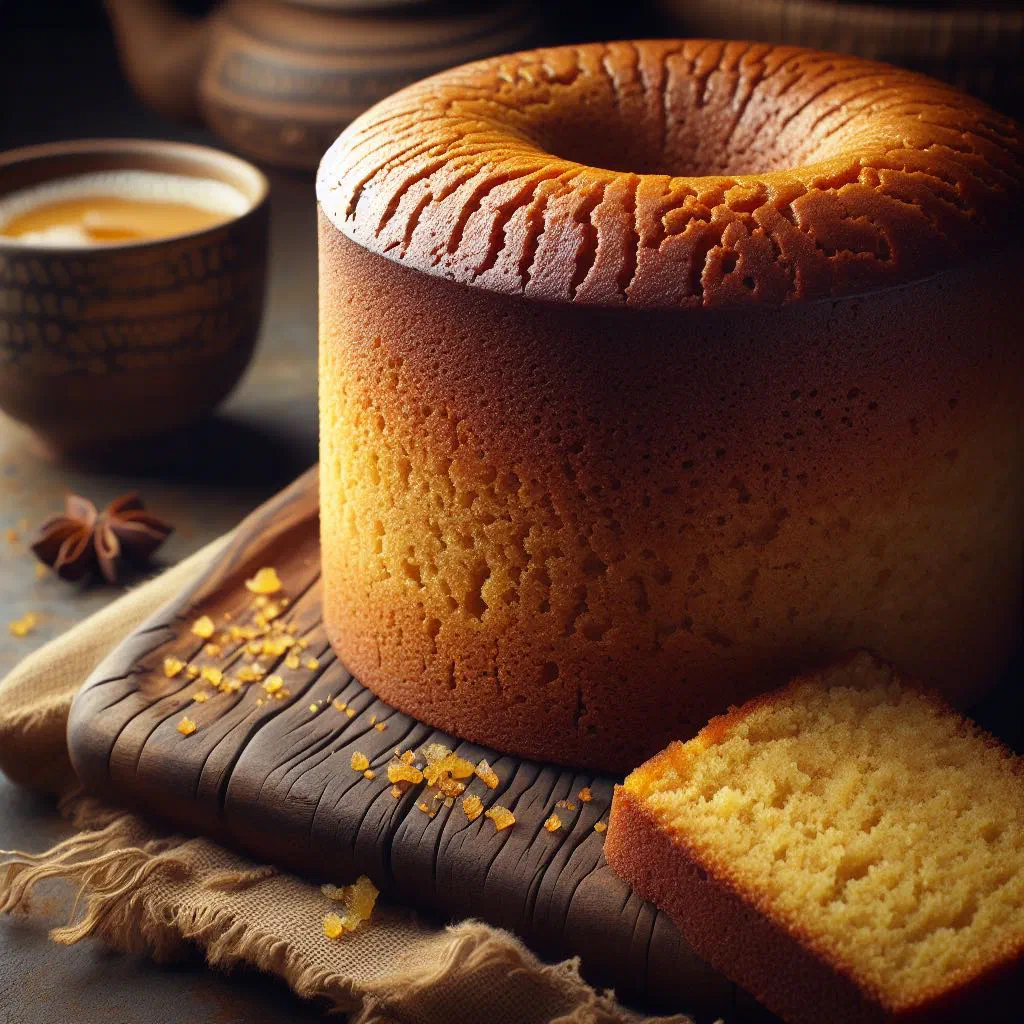 Golden Malian millet cake sliced on a plate