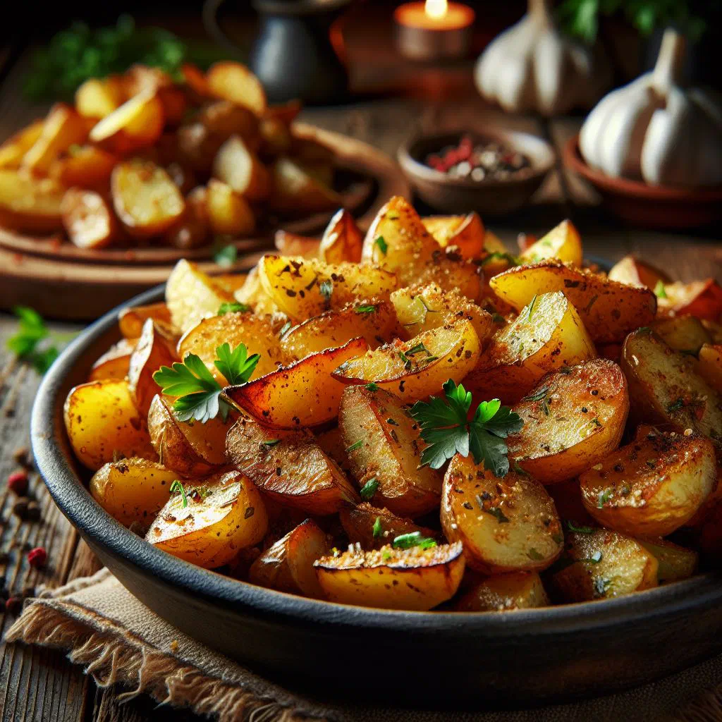 Golden spiced roast potatoes garnished with fresh herbs
