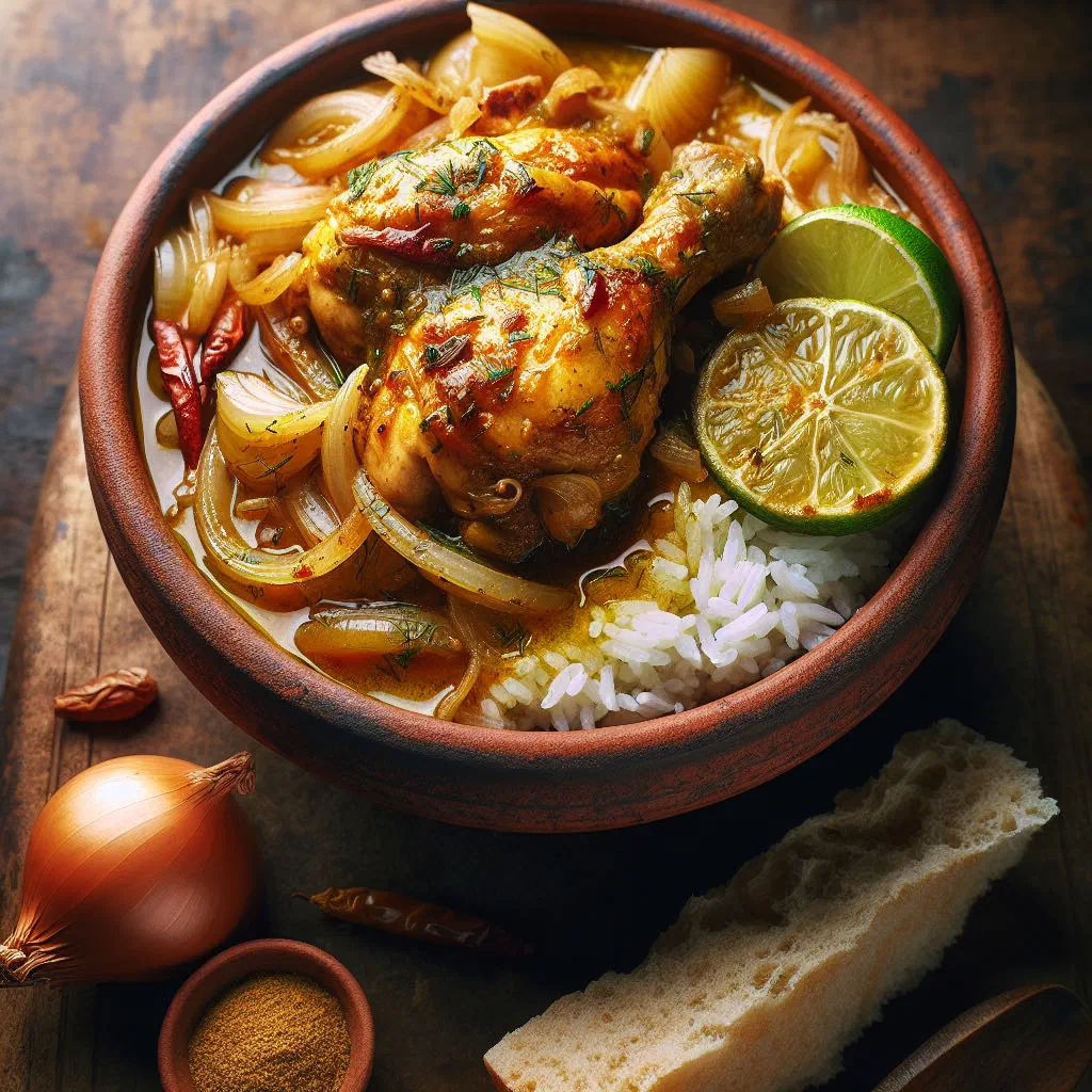 Poulet Yassa with braised onions and lemon sauce served with rice