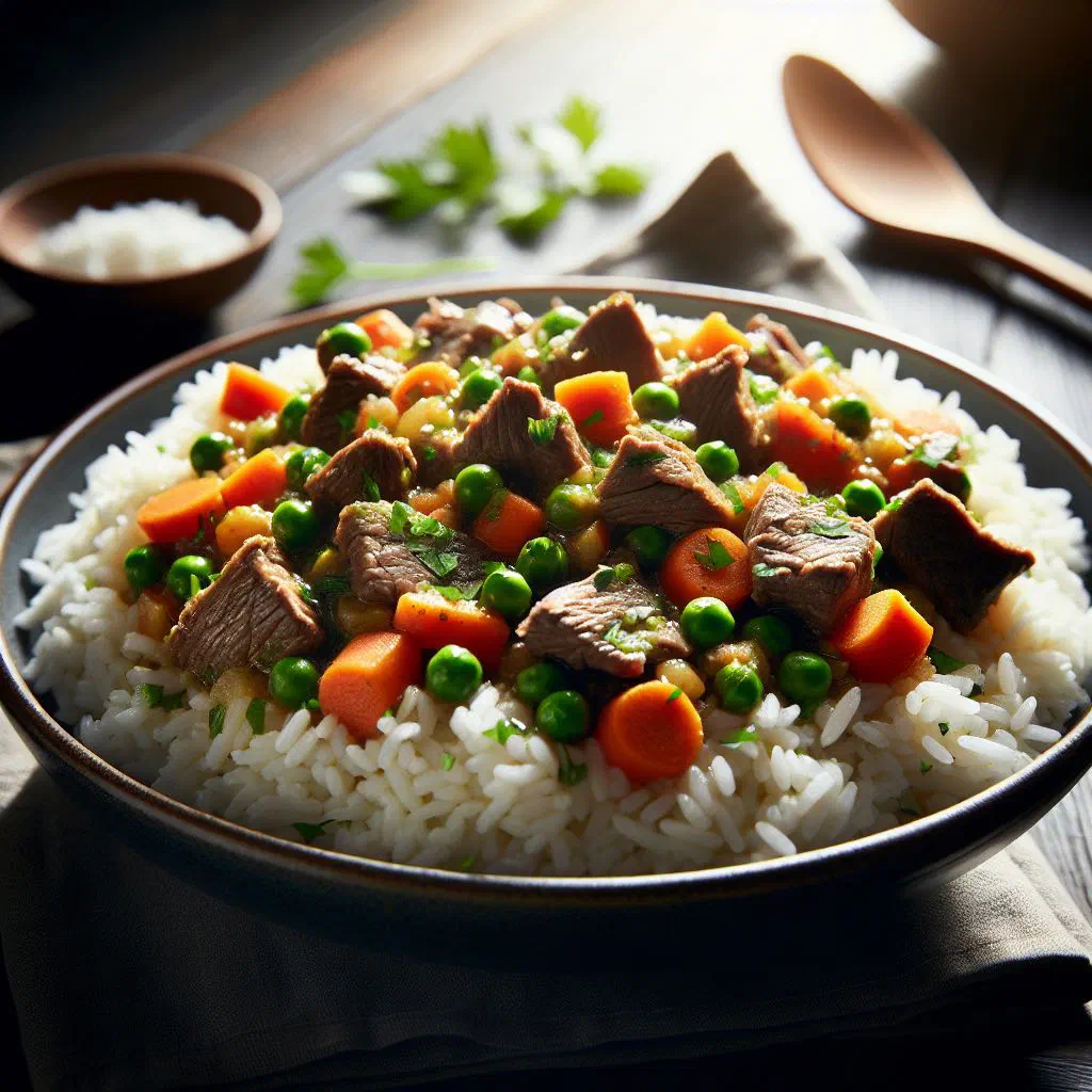 Riz au gras with tender meat, carrots and peppers in a bowl of seasoned rice