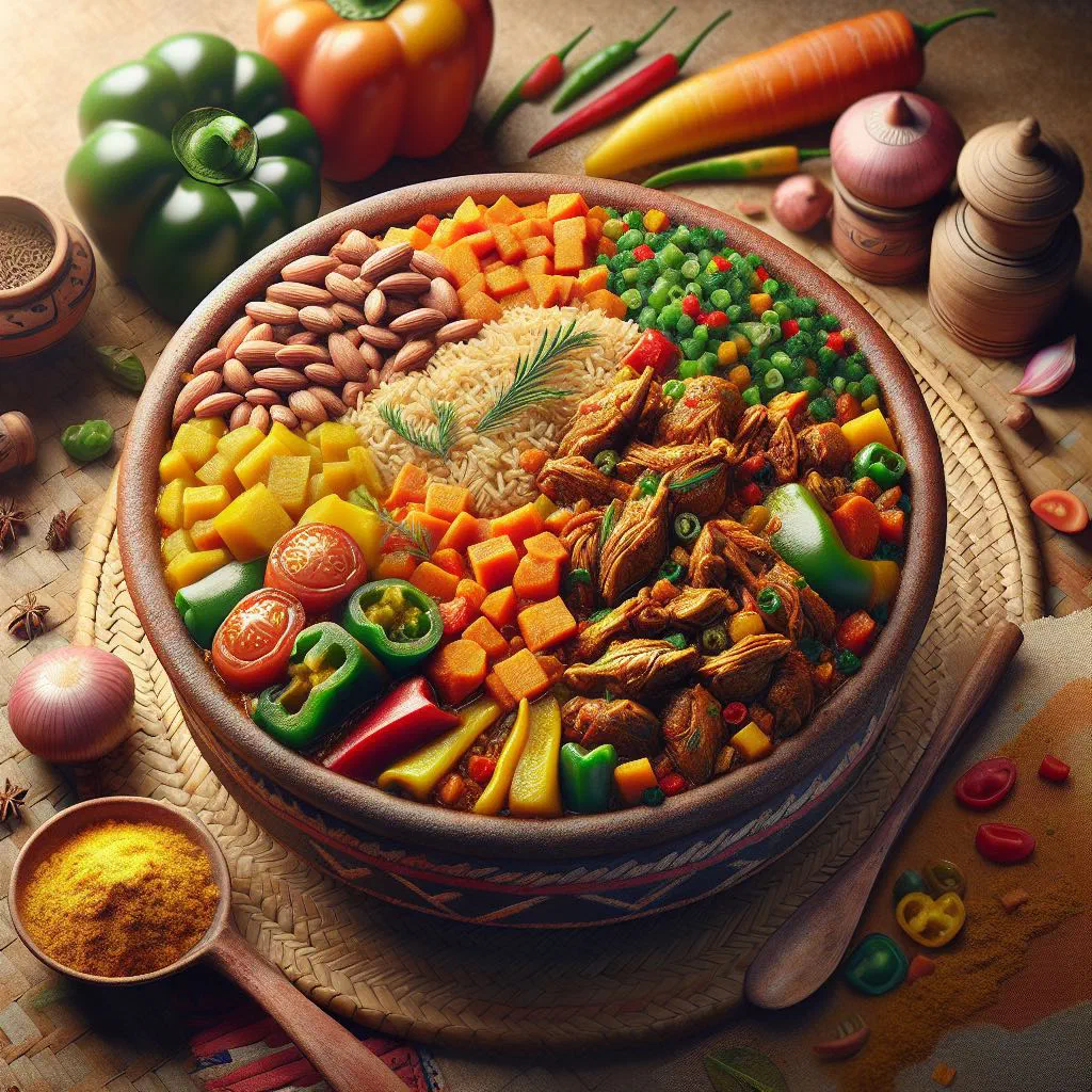 Riz wolof, a tomato-red rice dish with chicken and vegetables, served in a bowl