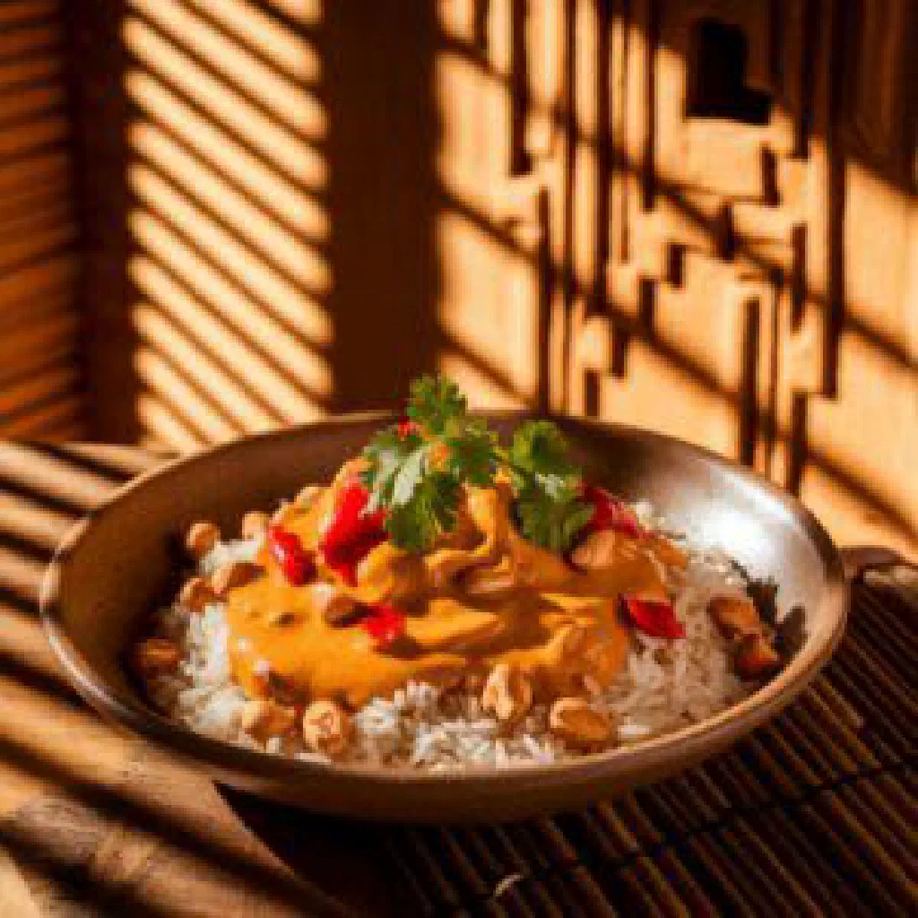 Creamy Malian peanut sauce with vegetables served in a deep bowl