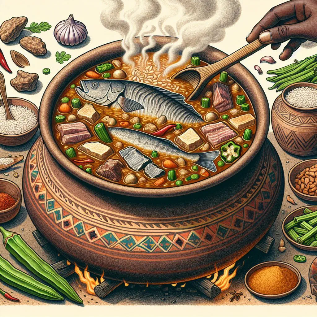 Bowl of Malian okra soup with peanut butter and fresh herbs
