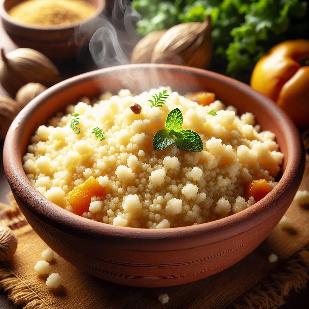 Bowl of Malian thiéré with rice, carrots, peppers and fresh herbs