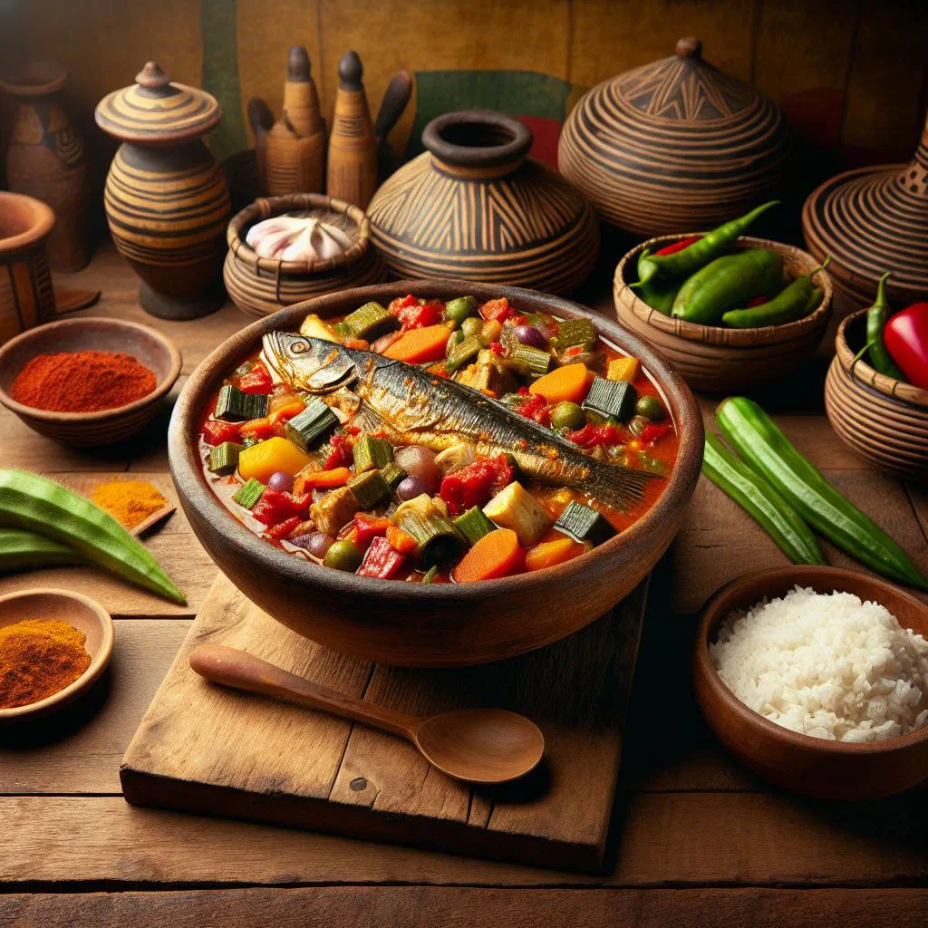 Tieboudienne with fish, rice and colourful vegetables on a serving platter
