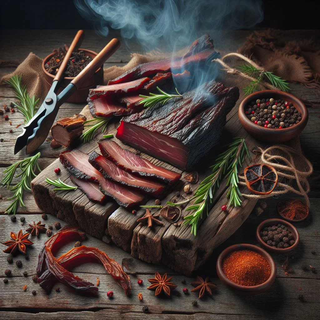 Strips of wood-fire dried Malian beef on a rustic wooden board