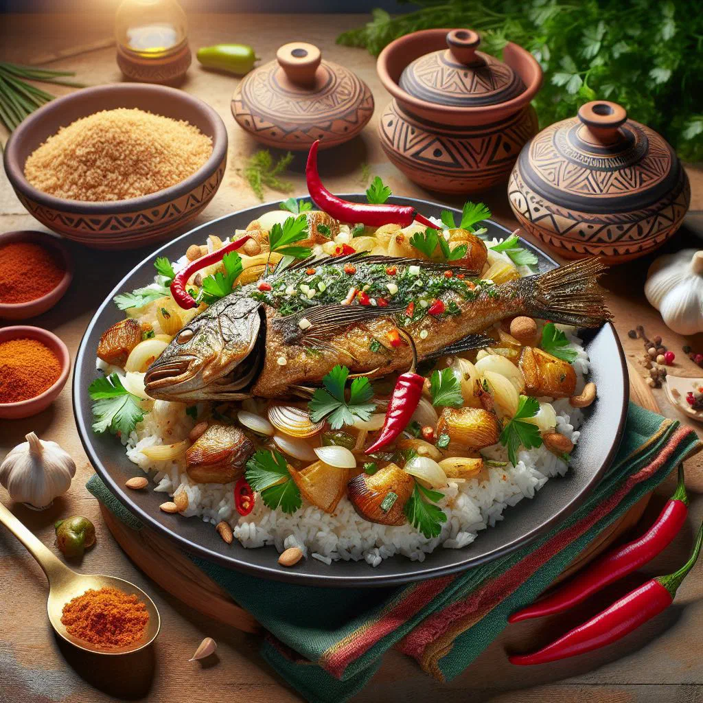 Marinated fish fillets in a golden onion and lemon sauce, garnished with parsley