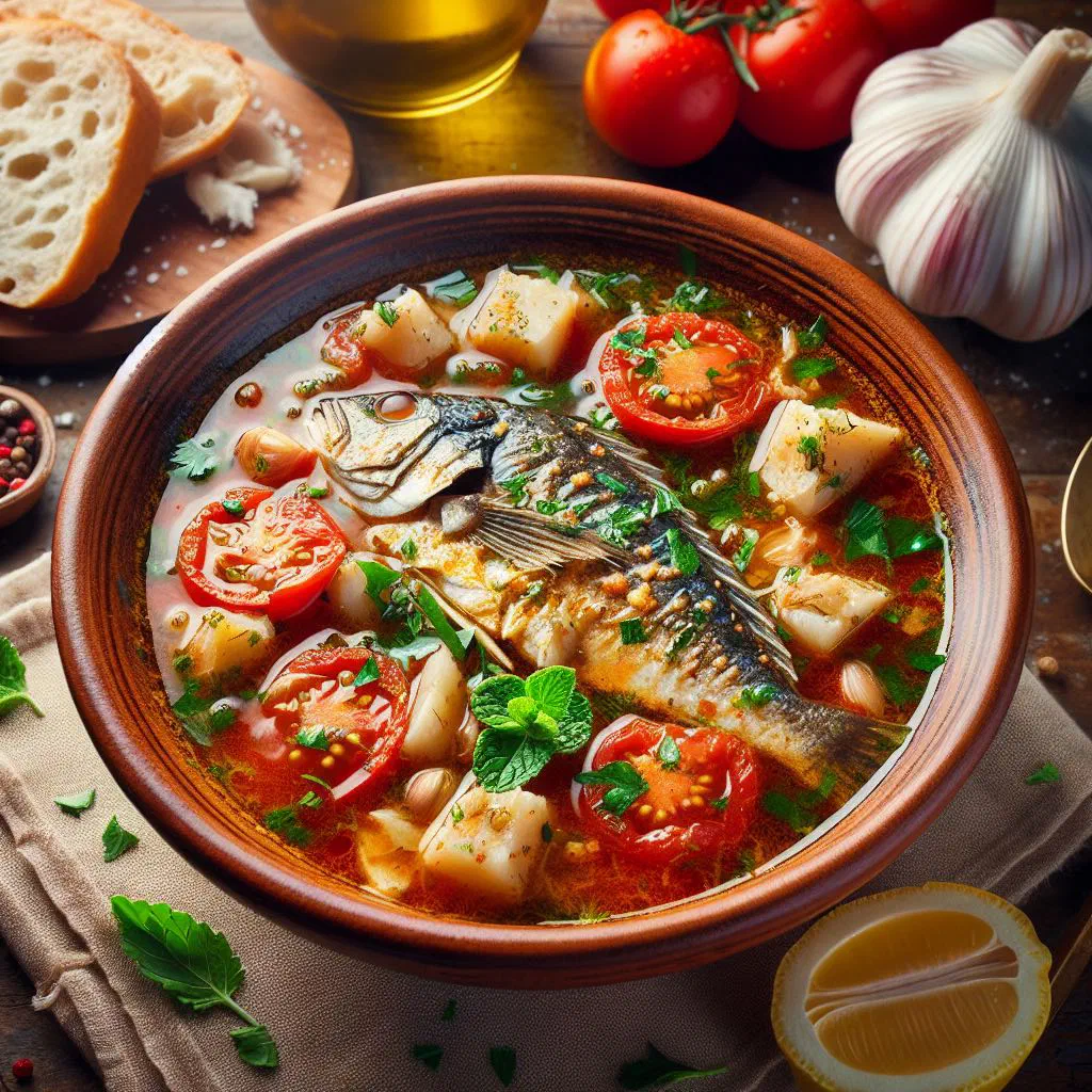 Bowl of Maltese aljotta fish soup with fresh parsley and lemon