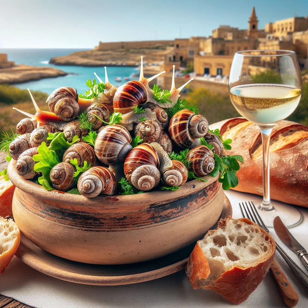 Maltese snails in garlic sauce garnished with fresh parsley and lemon