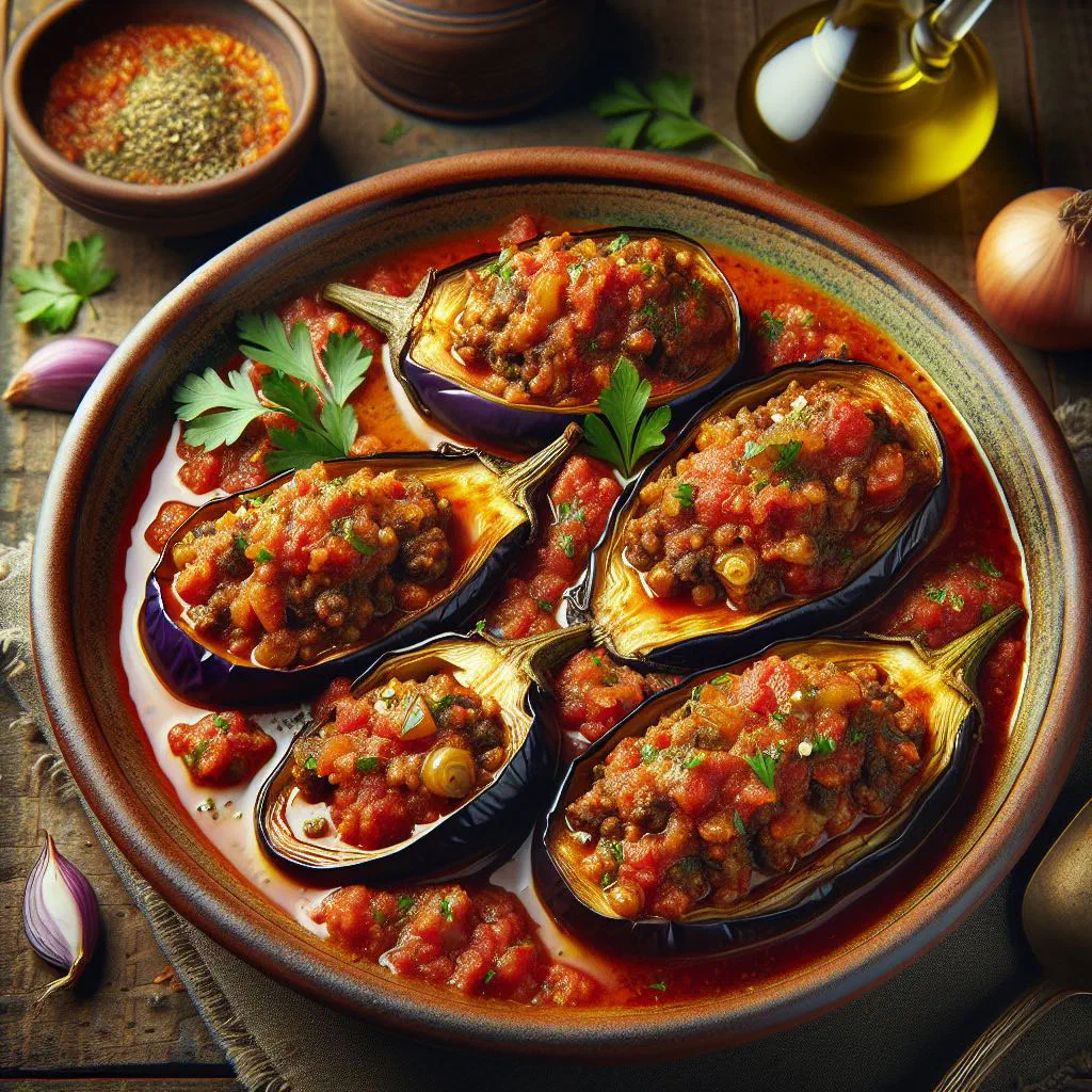 Baked stuffed aubergine halves filled with minced meat, rice and tomato, garnished with fresh herbs