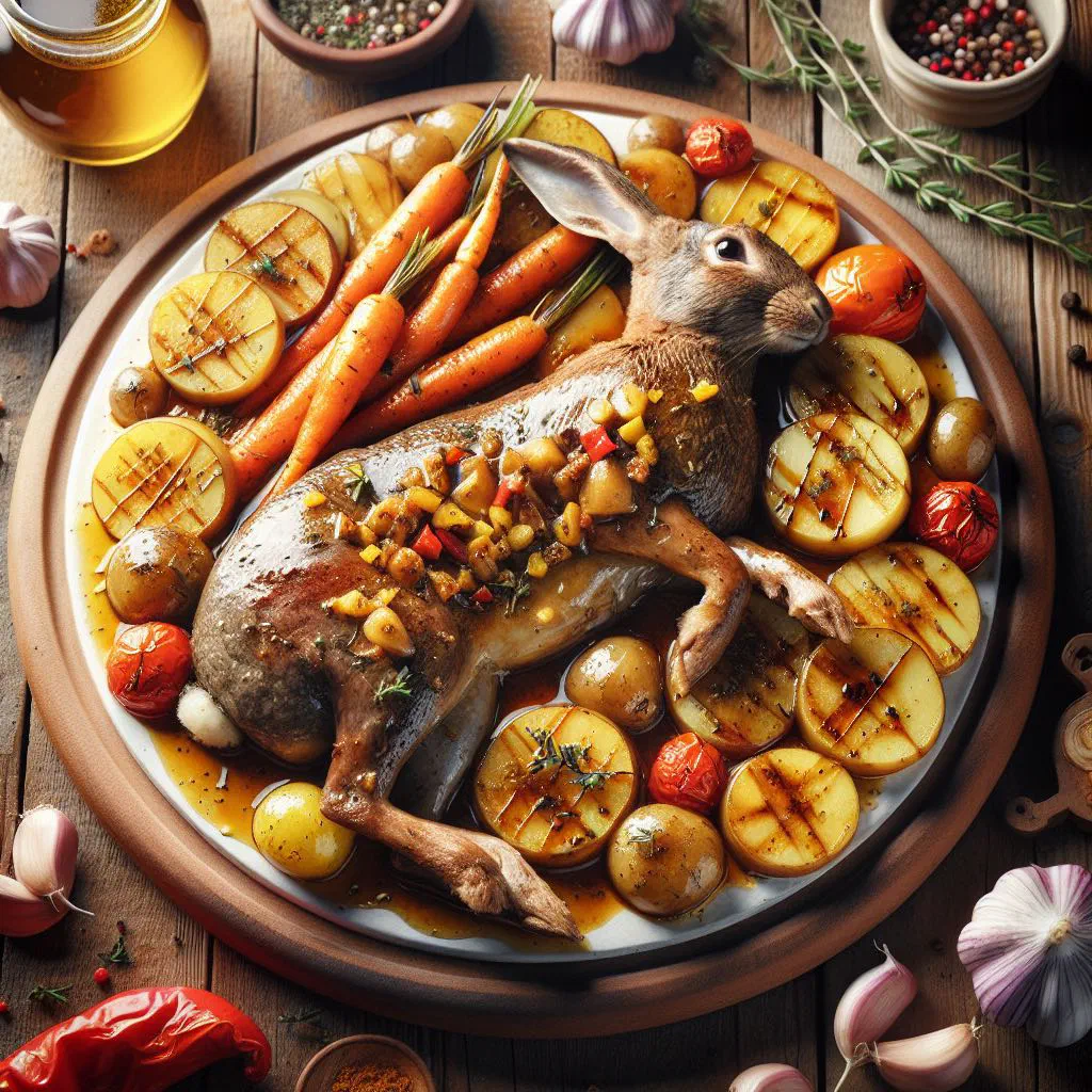 Pan-fried Maltese rabbit in a red wine and herb sauce with potatoes