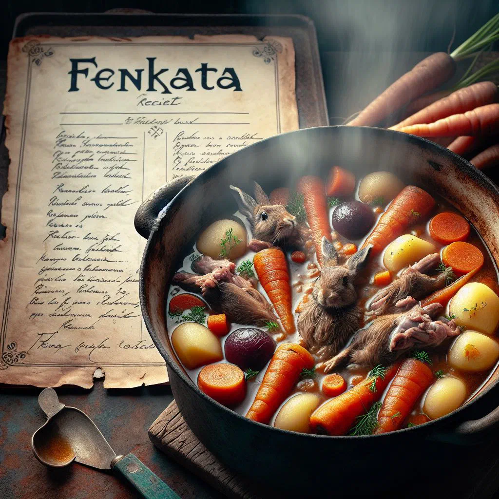 Slow-cooked Maltese rabbit stew with carrots and fresh herbs in a rustic dish
