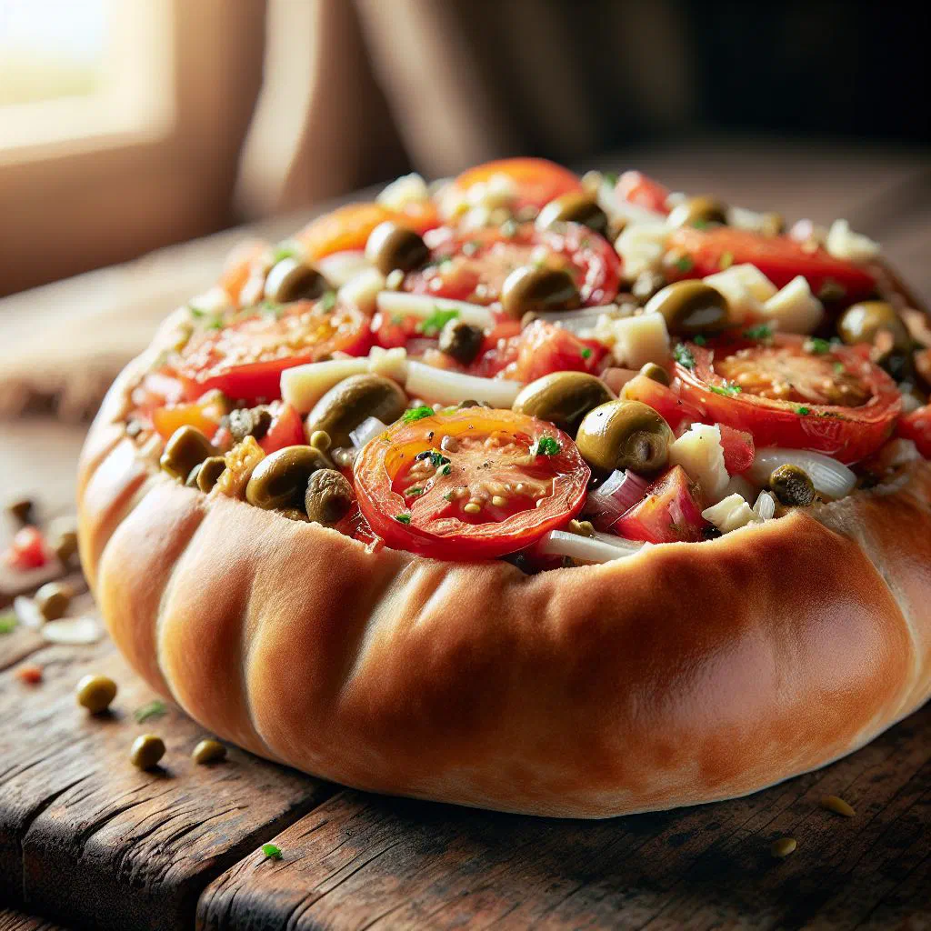 Maltese ftira flatbread filled with grilled fish, tomatoes and capers