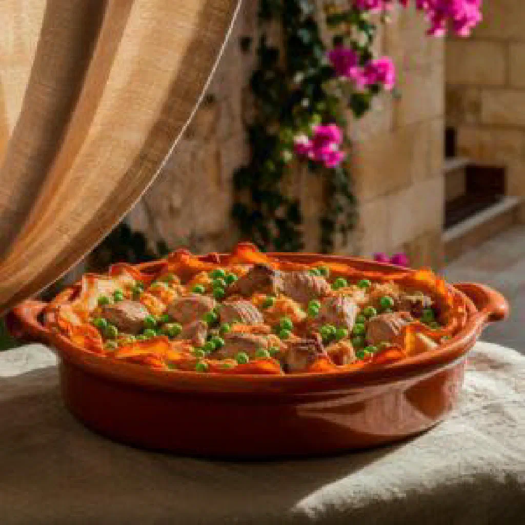 Golden baked Maltese macaroni with minced meat and tomato sauce in a dish