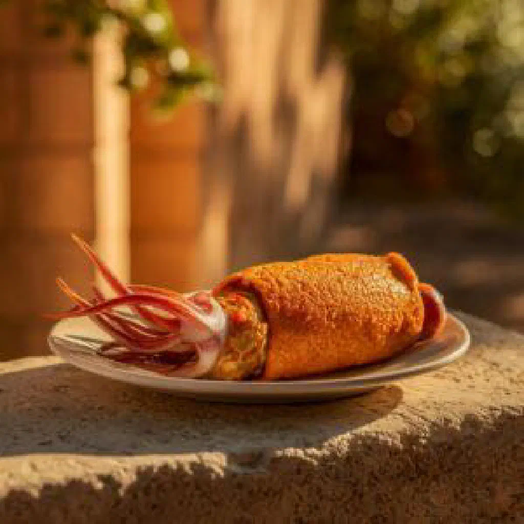 Grilled stuffed squid filled with herbed rice, served with lemon