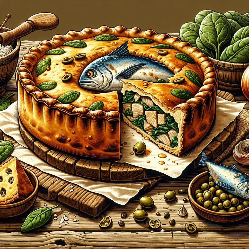Golden Maltese lampuki pie with a flaky pastry crust, sliced open to show the fish and vegetable filling
