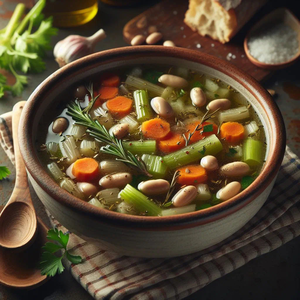 Bowl of Maltese minestra vegetable soup garnished with fresh herbs