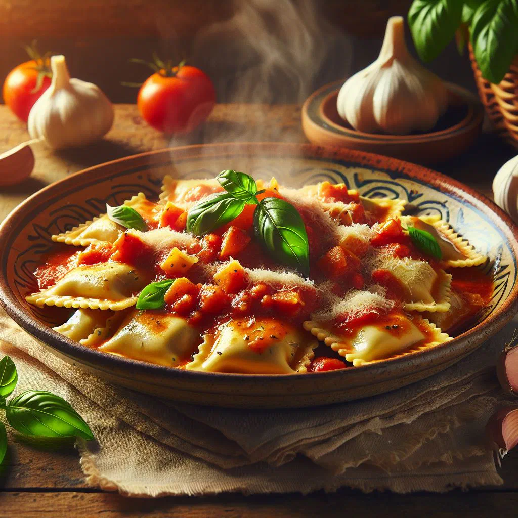 Maltese ravjul biz-zalza pasta parcels in tomato sauce with grated cheese