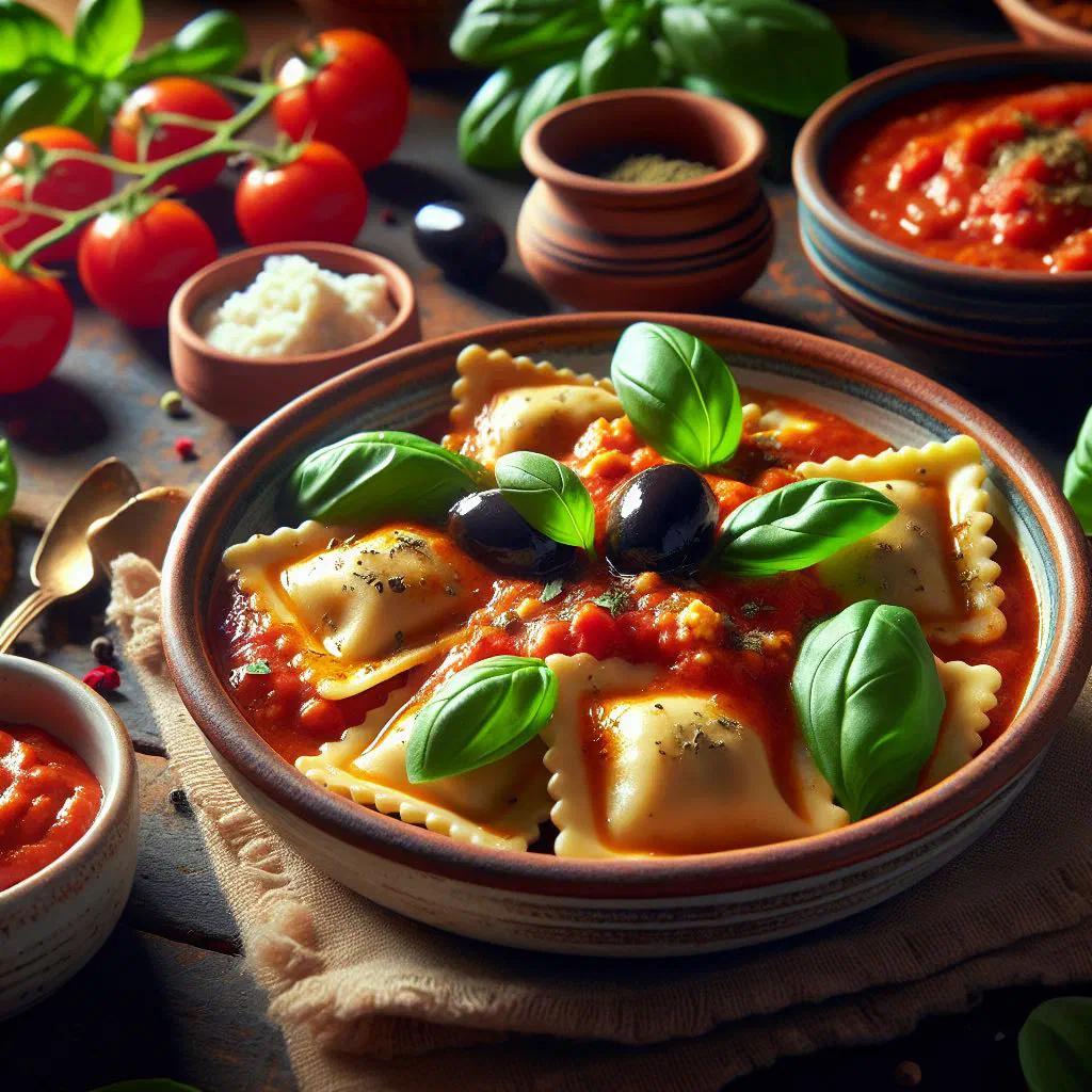 Maltese ravjul malti pasta parcels filled with ricotta and spinach, served with tomato sauce