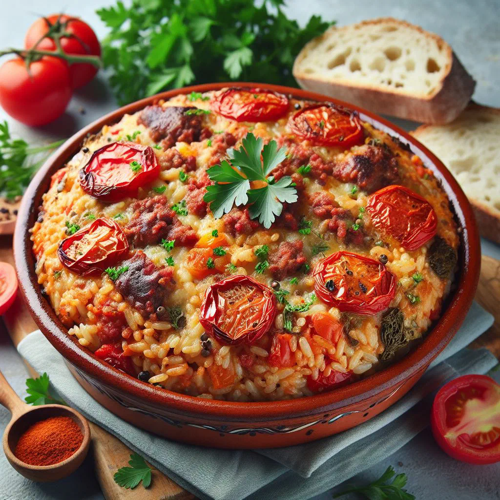 Baked Maltese rice with meat and vegetables served in a rustic dish