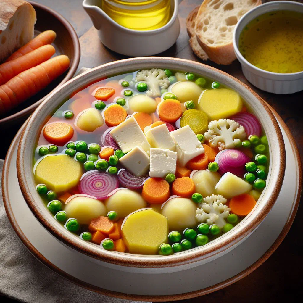 Bowl of Maltese widow's soup with potatoes, carrots and fresh herbs