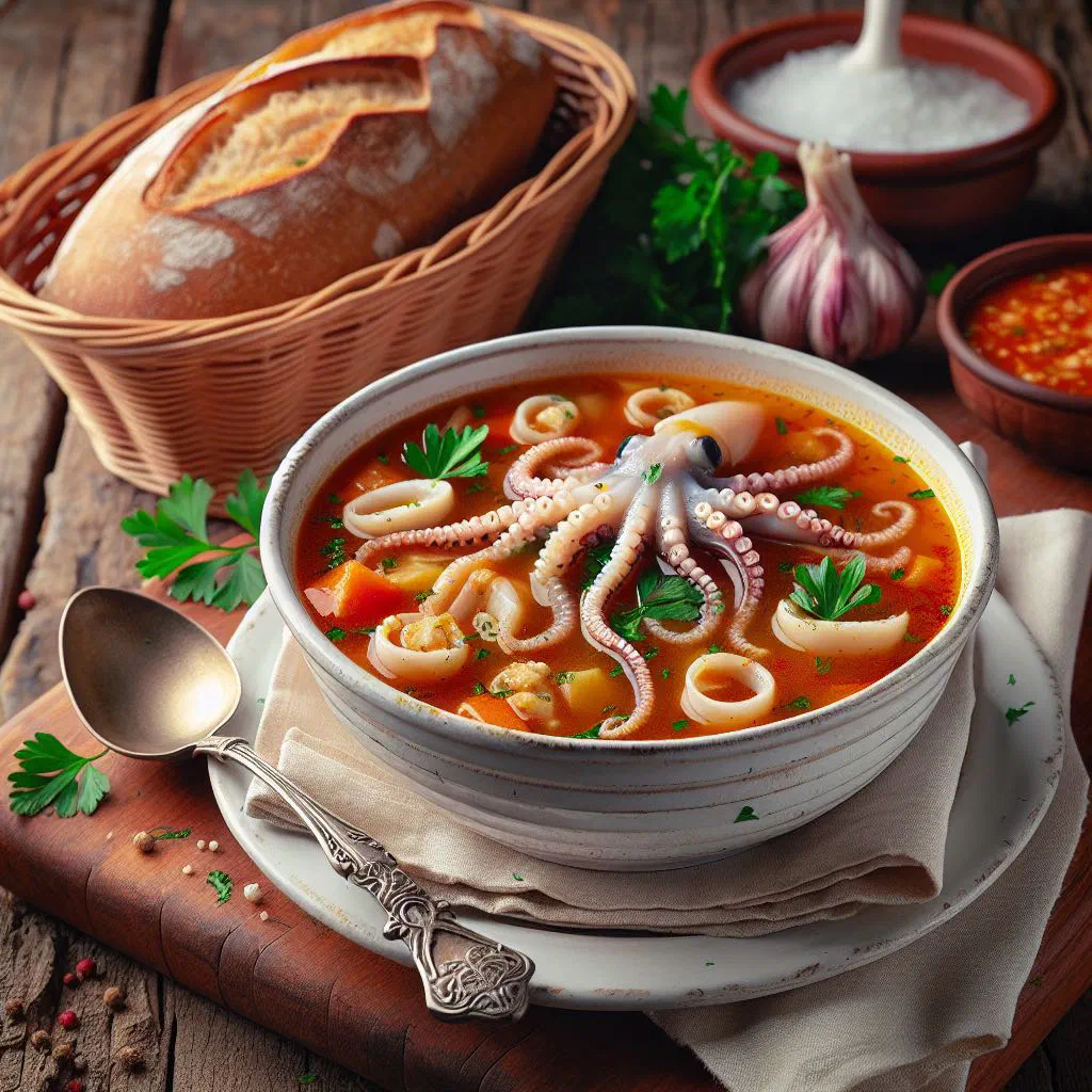 Bowl of Maltese squid soup with tomatoes, carrot and fresh parsley