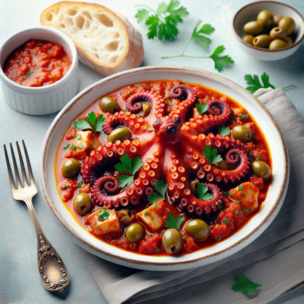Maltese octopus stew in rich tomato sauce served with crusty bread