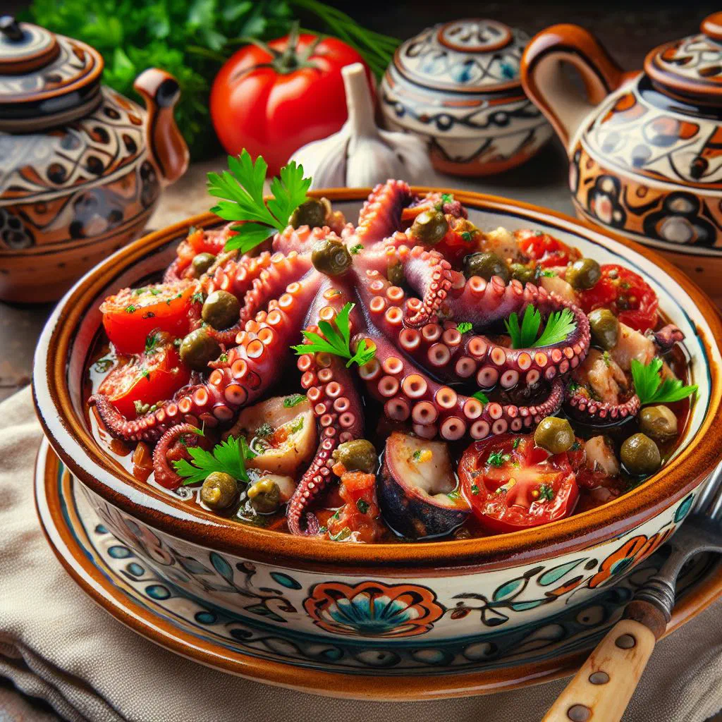 Maltese octopus stew in a rustic bowl with tomatoes, potatoes and parsley