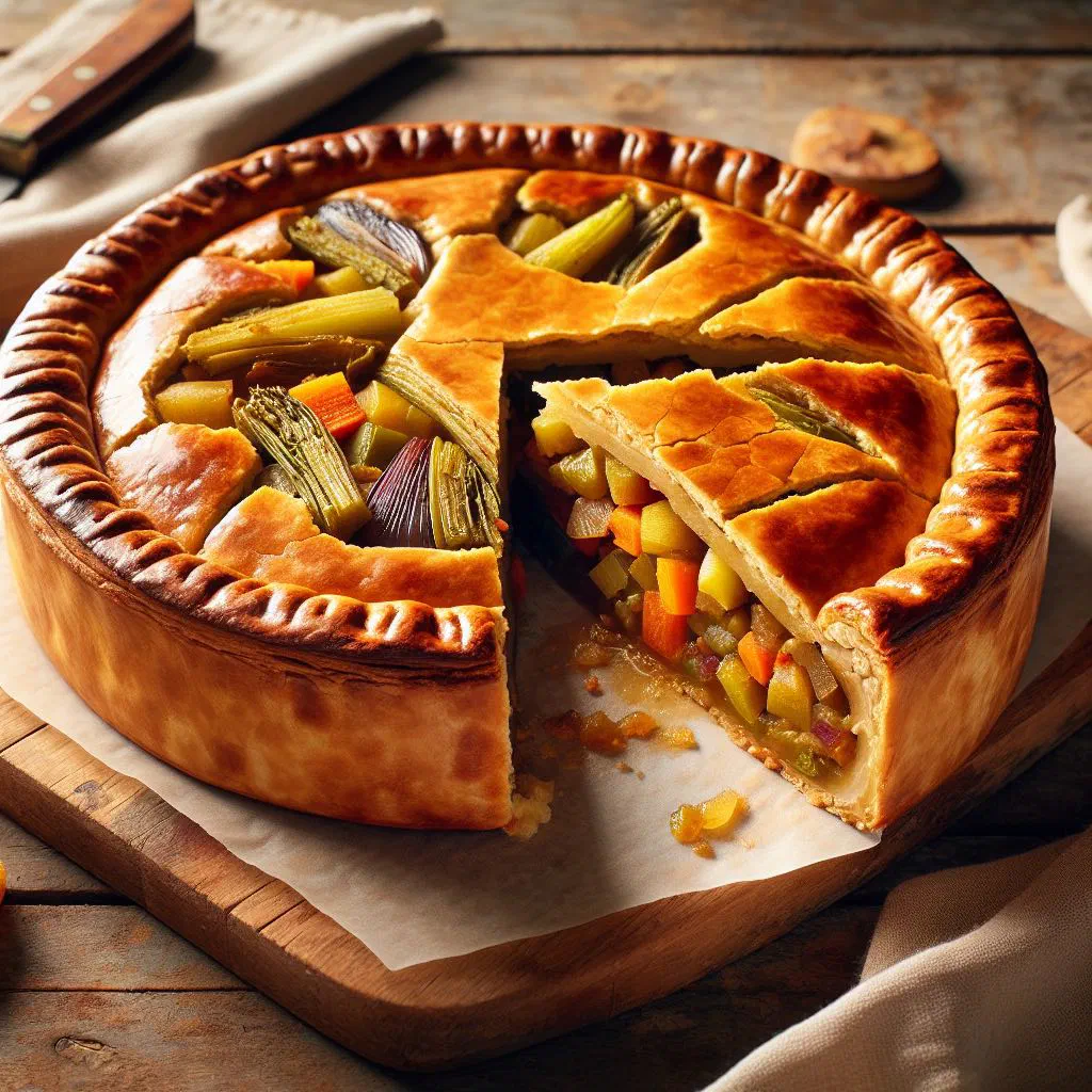 Golden Maltese vegetable pie cut into slices, showing the spinach and chard filling