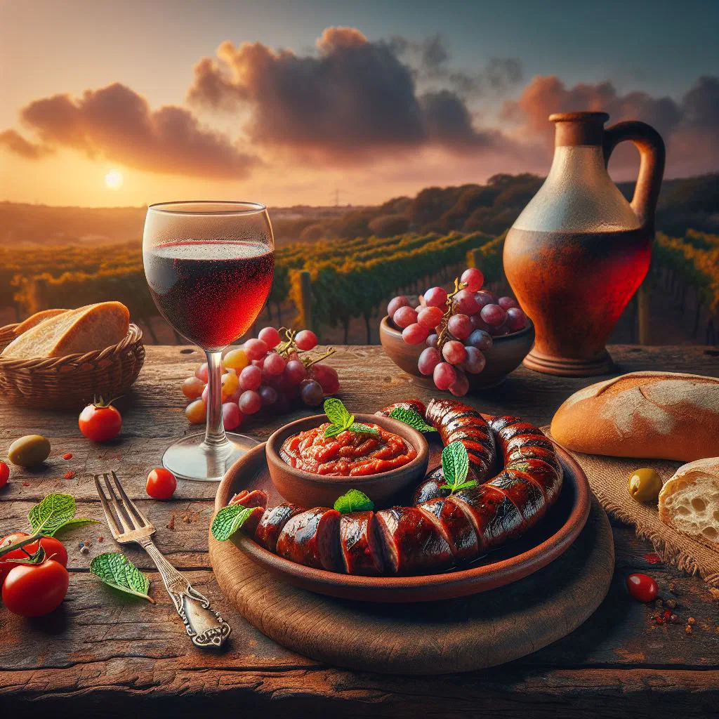 Coiled Maltese peppered sausage grilled and served with olives and bread