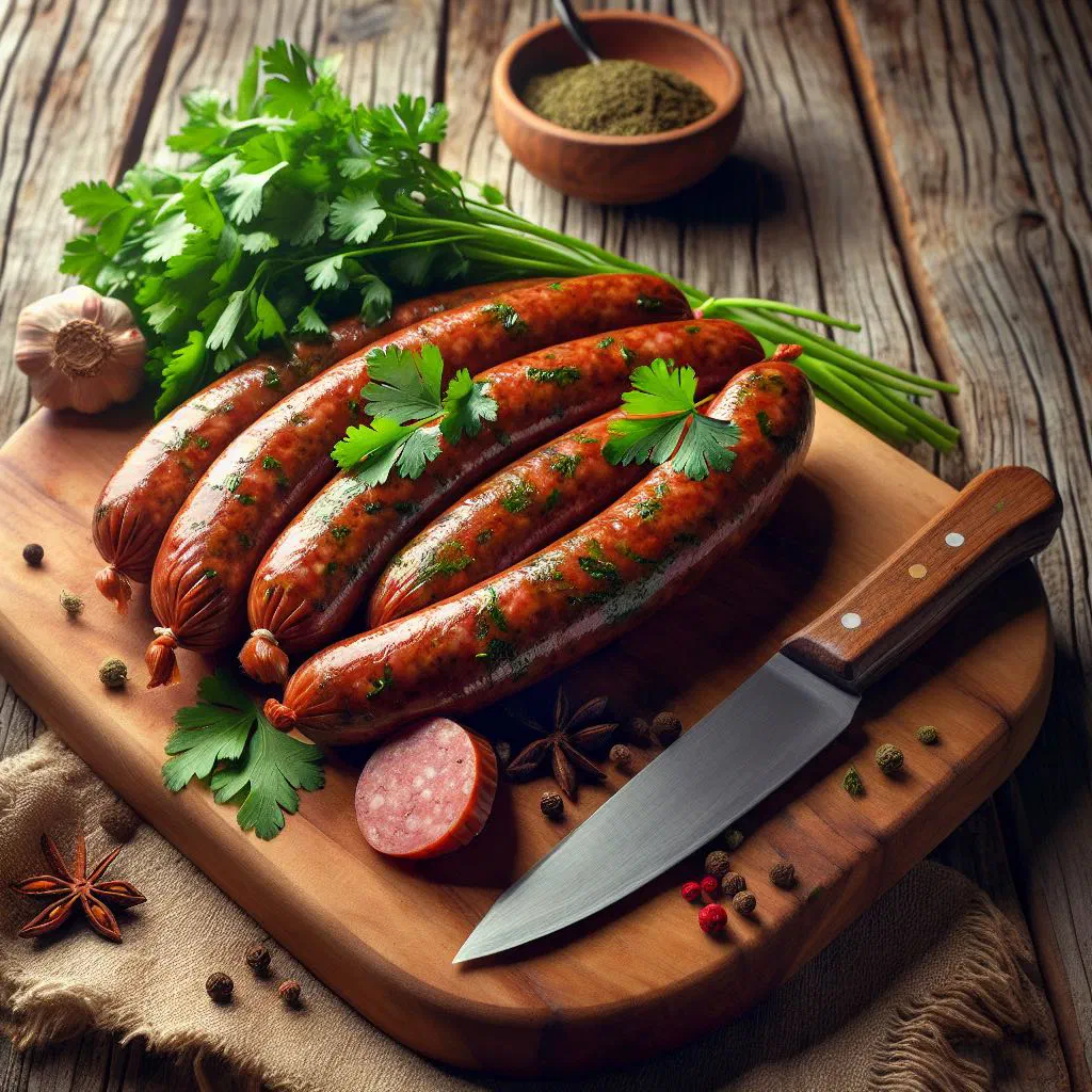 Coiled Maltese spiced sausage grilled golden brown with fresh herbs