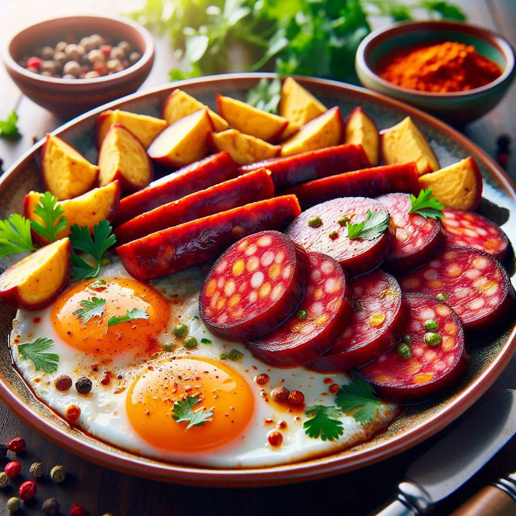 Golden-browned Maltese sausages served with fried eggs