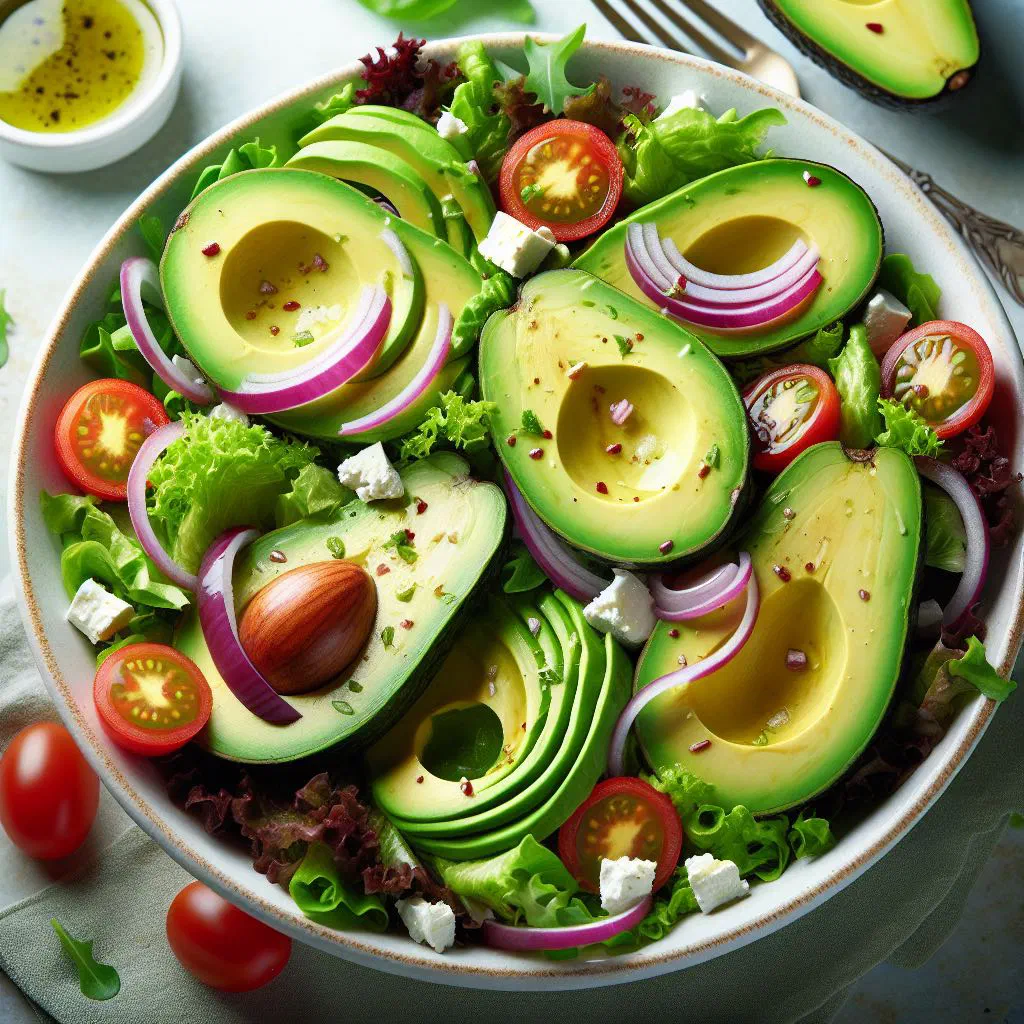 Fresh avocado salad with diced tomato, onion and coriander