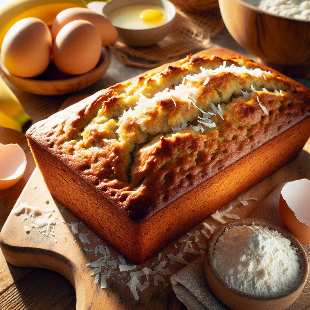 Sliced banana coconut bread on a wooden board