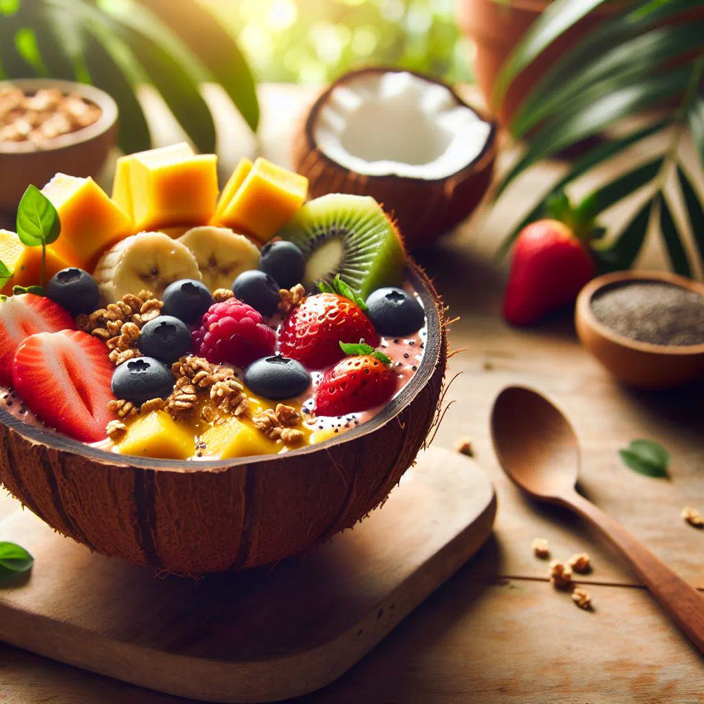 Colourful fruit smoothie bowl topped with mango, coconut slices and mint