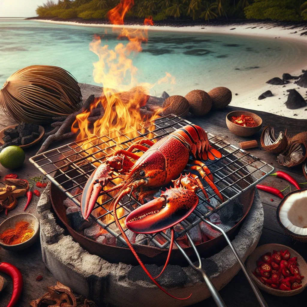 Grilled lobster halves garnished with fresh herbs and lemon