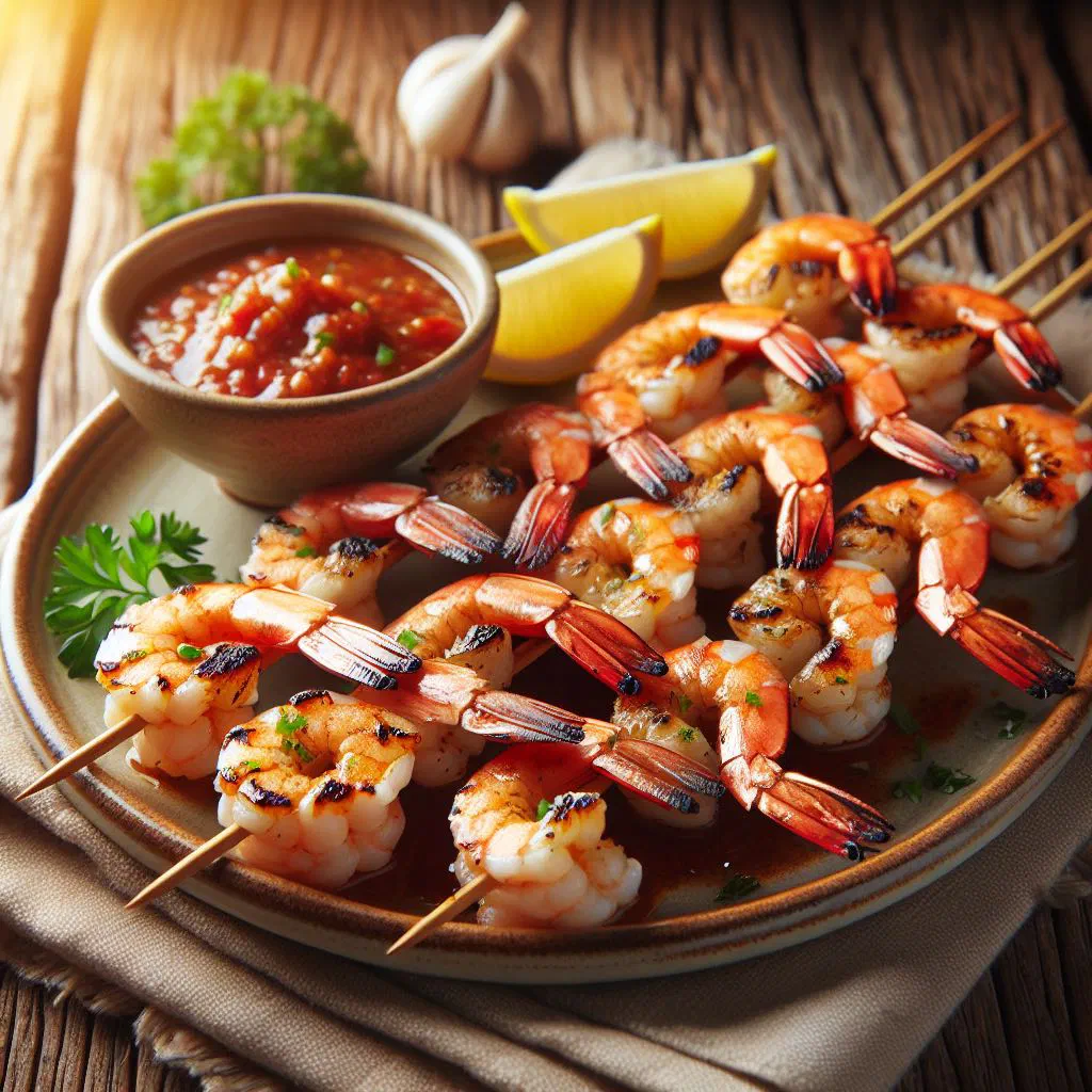 Grilled shrimp skewers with lemon and fresh herbs on a platter